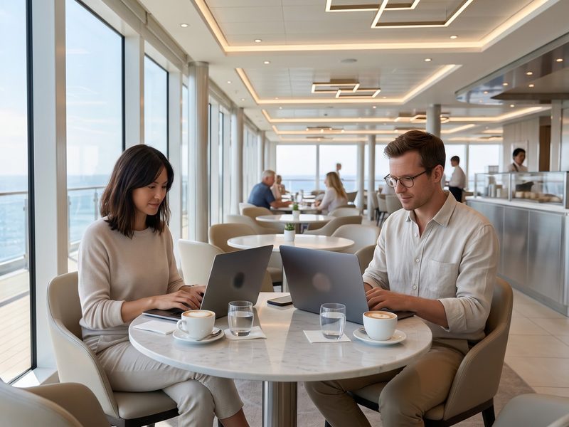 Twee reizigers werken 's ochtends op laptops bij een kop koffie in een licht, modern café aan boord