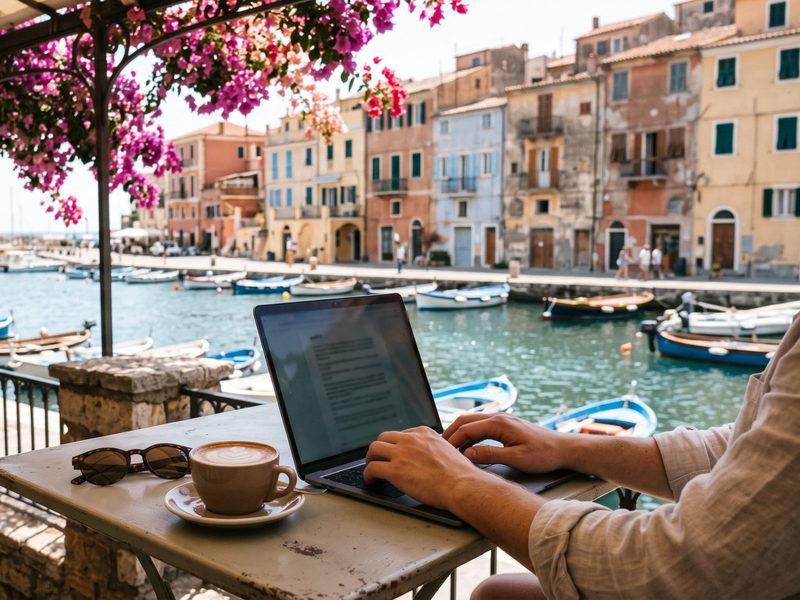 Een laptop en koffie op een caféterras in een zonnig mediterraan havenstadje op een havendag