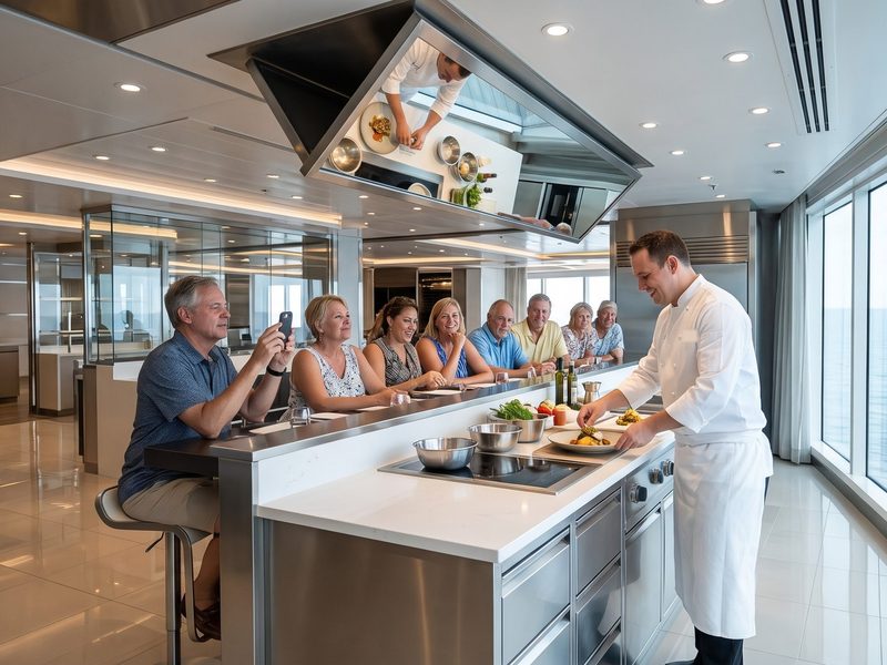 Gasten kijken naar een kookdemonstratie van een chef in een moderne showkeuken aan boord
