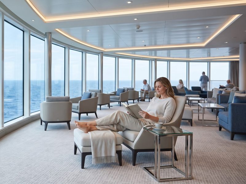 Een vrouw leest in een rustige panoramalounge met ramen van vloer tot plafond boven de open zee