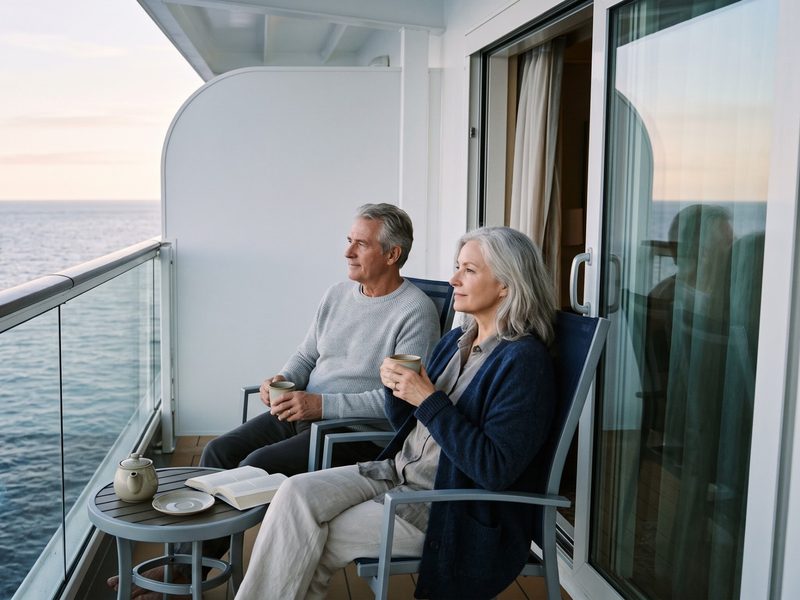 A couple relaxes on their cabin balcony looking at the horizon over a calm blue sea