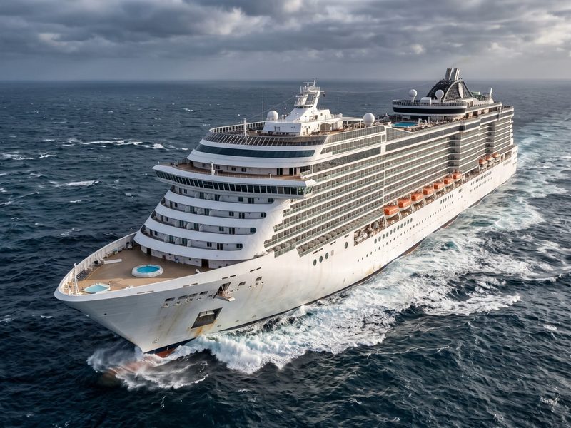 A large cruise ship sails through moderate swell under a cloudy sky, seen from above