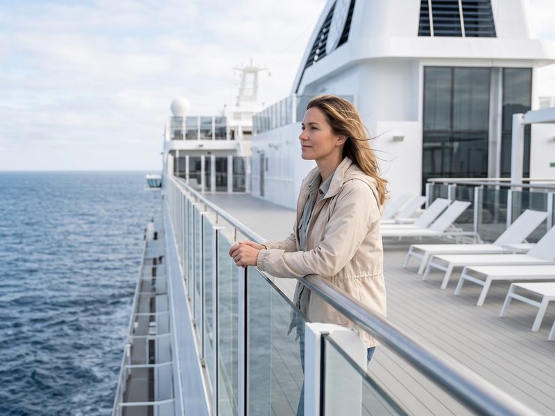 A woman stands at the railing of an open deck in a light breeze, breathing fresh sea air