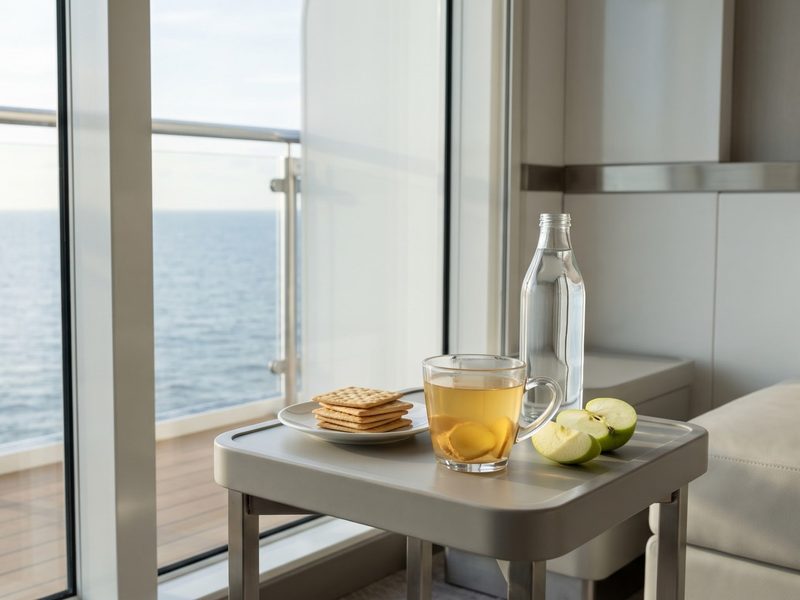 Ginger tea, crackers and green apple slices on a small table by a cabin window with a sea view