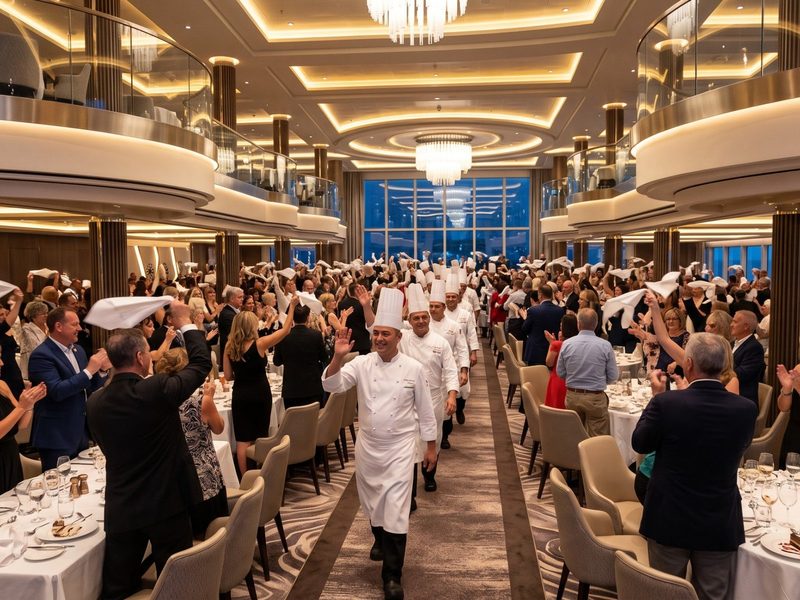 Chefs con filipinas blancas recorren el restaurante entre aplausos al final de una cena festiva