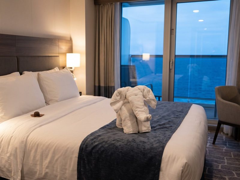 Una toalla doblada en forma de elefante sobre la cama de un camarote moderno