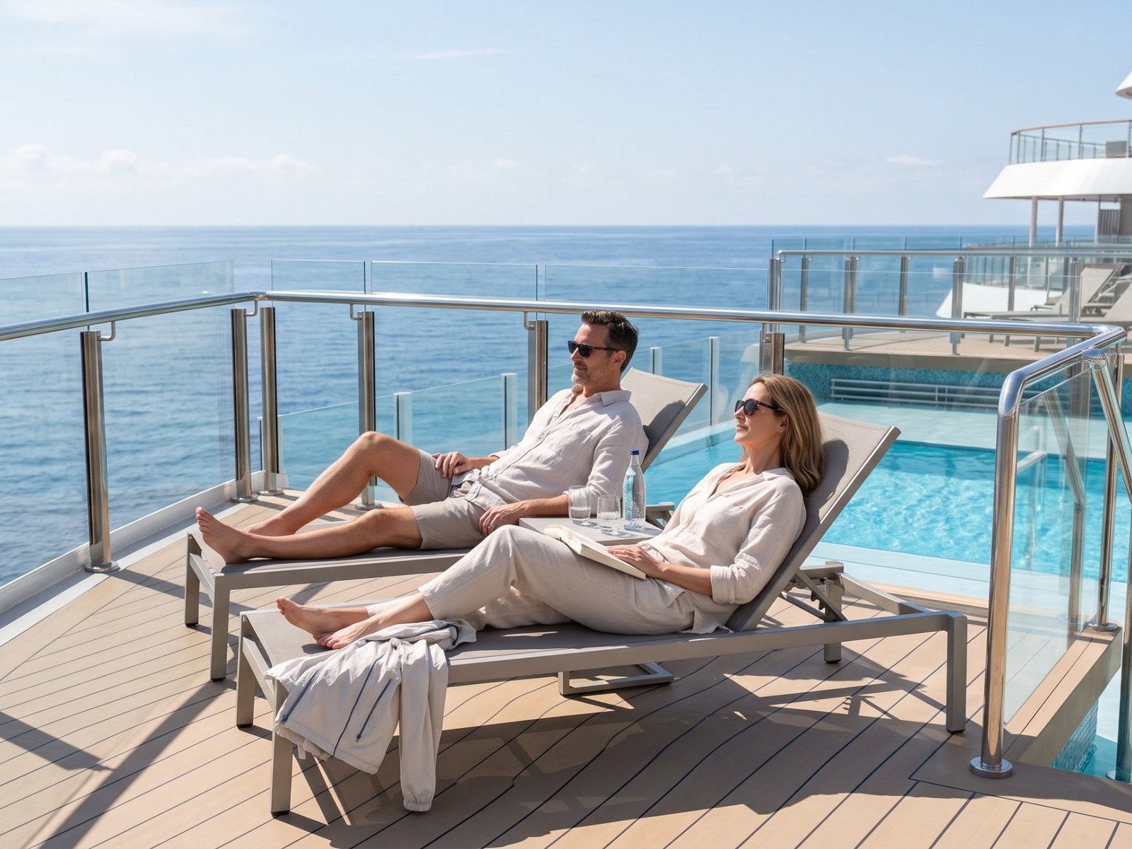 Um casal descansa em espreguiçadeiras perto da piscina no deck de um navio