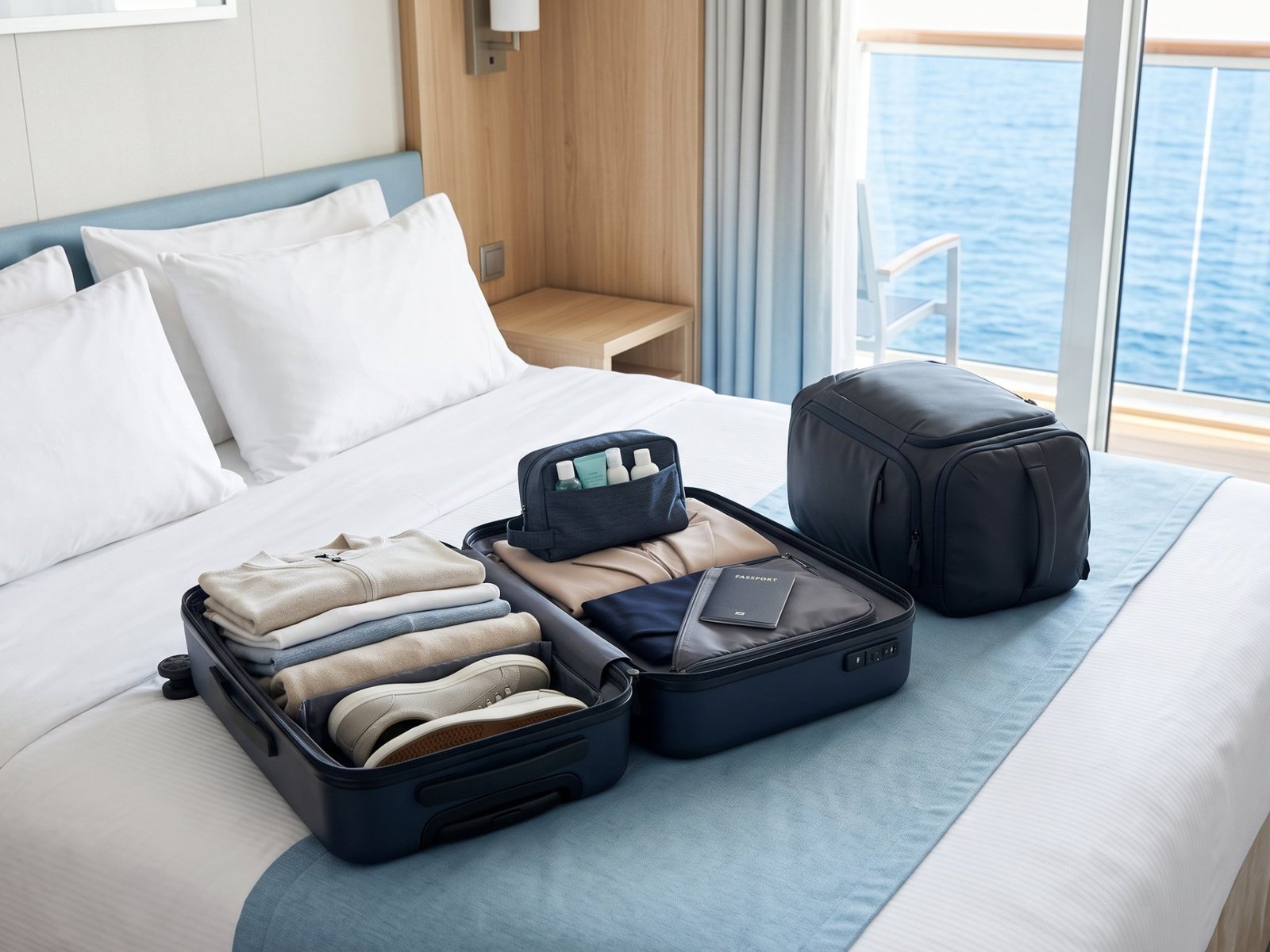 Uma mala pequena e uma mochila prontas para um minicruzeiro na cama de uma cabine com vista para o mar