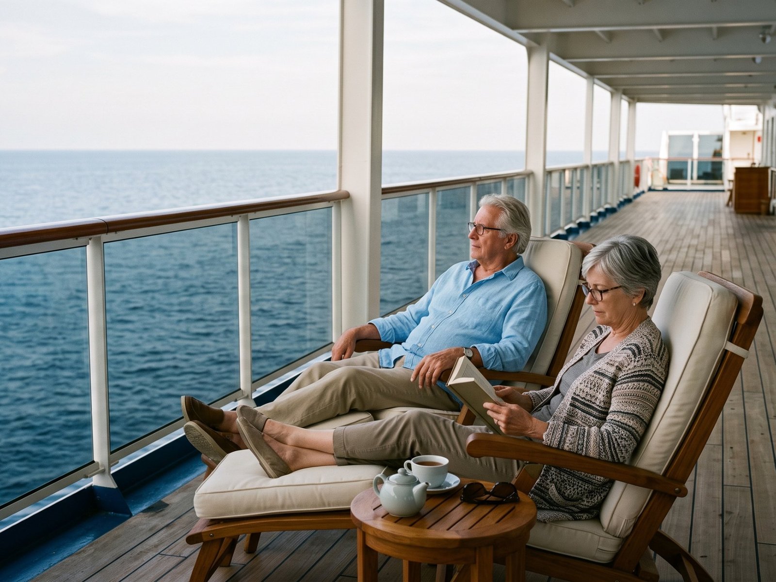 An older couple rests on cushioned deck chairs on a shaded deck, with tea and a book, looking at the sea