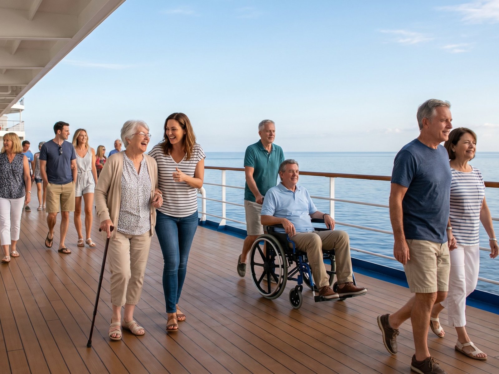 Travellers of different ages on a cruise ship's promenade deck, including an older woman with a cane and a man in a wheelchair