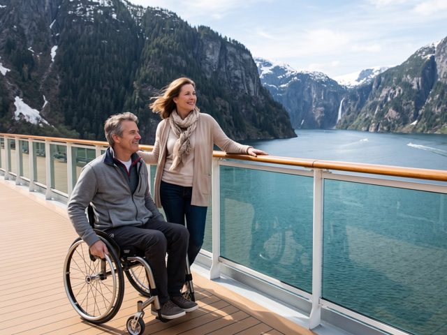 Ein Mann im Rollstuhl und seine Partnerin auf einem breiten, ebenen Deck mit Blick auf einen Fjord mit verschneiten Bergen
