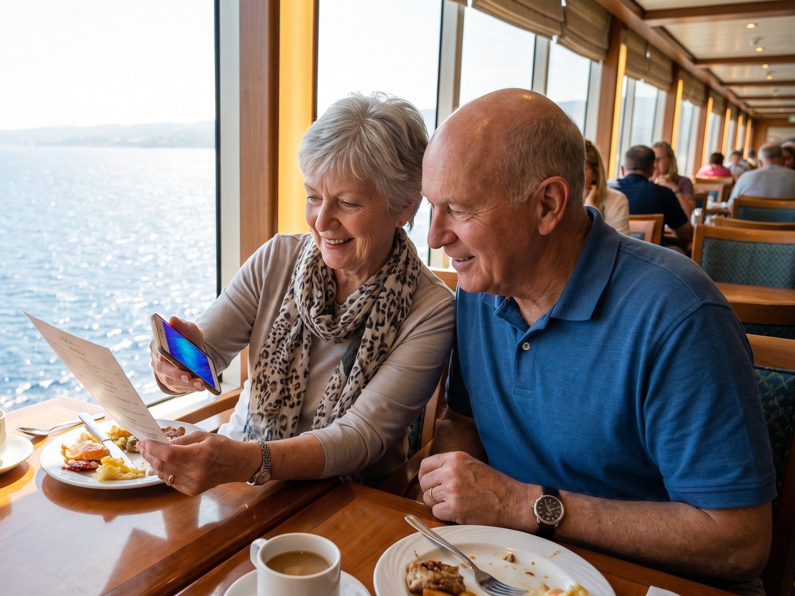 An older couple at a buffet table by the window, using a phone to translate the menu