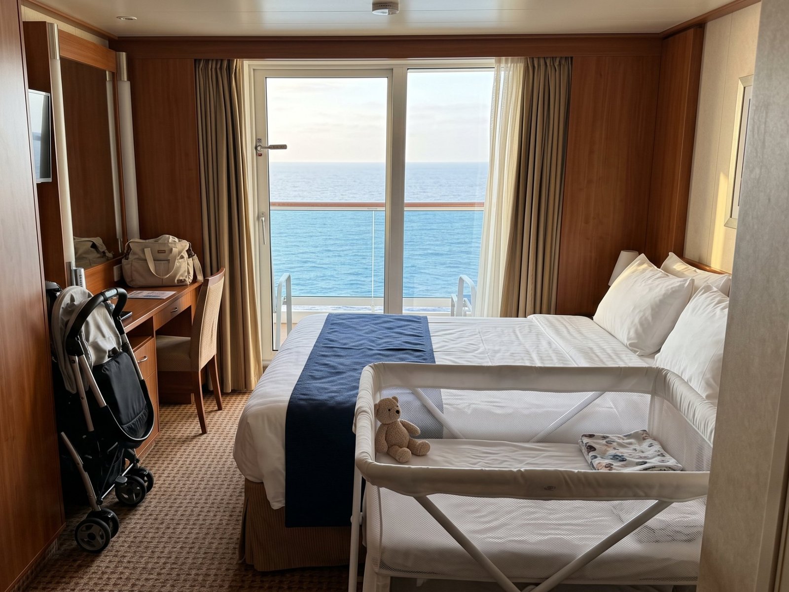 A balcony cabin prepared for a baby: a travel cot with a teddy bear next to the bed and a folding pram by the wardrobe