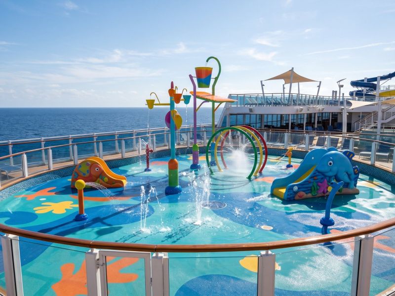 Un colorido chapoteadero con fuentes y toboganes pequeños para niños en la cubierta de un crucero