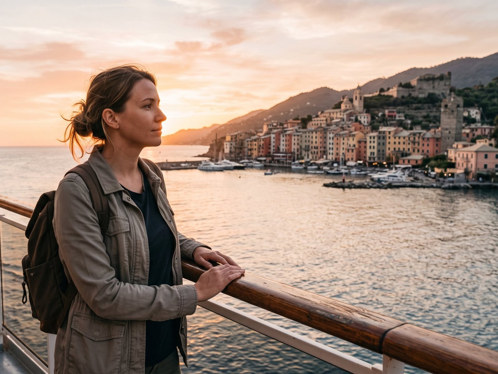 A woman travelling alone at the railing of a cruise ship at sunset, looking at a colourful harbour town