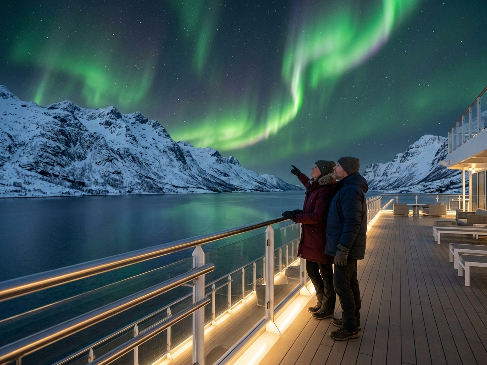 A couple in winter jackets on the deck of a cruise ship watching the northern lights over a snowy Norwegian fjord