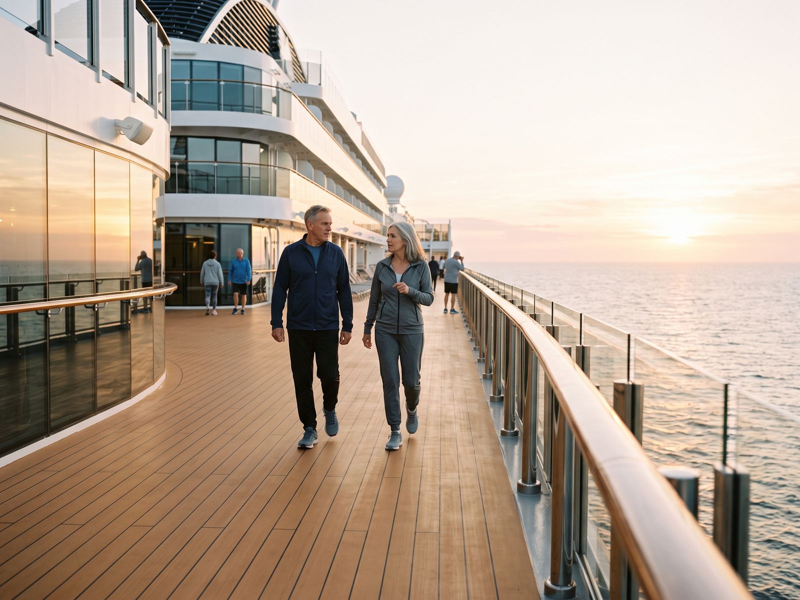 A couple in sportswear taking a morning walk on the promenade deck of a cruise ship at sunrise