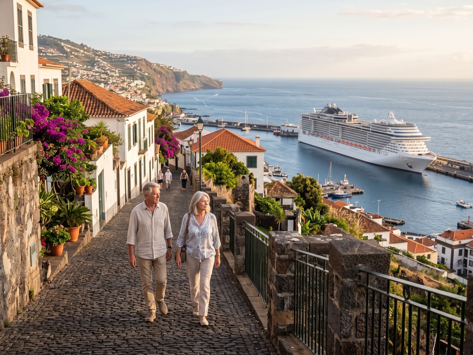 An older couple walking through the old town of Funchal on Madeira, with a cruise ship in the harbour below